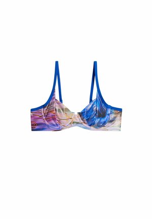Underwire bikini top with blue adjustable straps and abstract multicolor pattern in purple, blue, and beige tones.