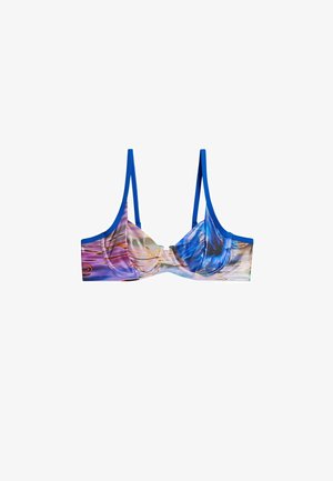 Underwire bikini top with blue adjustable straps and abstract multicolor pattern in purple, blue, and beige tones.