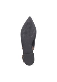 Black heeled shoe with a pointed toe, featuring a textured rubber sole and perforated design, showcasing a distinct geometric pattern.