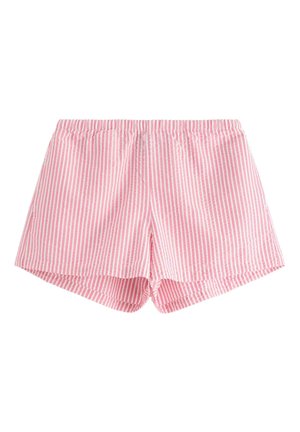 Rosa og hvide stribede shorts med elastisk talje, der har en løs pasform og lige kant. Fremstillet af letvægtsstof.