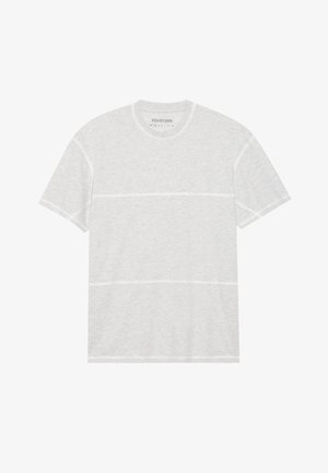 Gray short-sleeve t-shirt made of soft cotton, featuring a round neck and contrasting stitching details across the front and back.