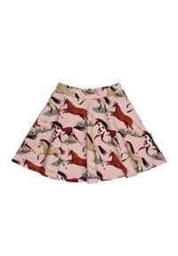 Rosa Rock mit einem ausgestellten Design, das bedruckte Pferde in verschiedenen Farben und Posen zeigt, aus weichem Material, mit einem elastischen Bund.