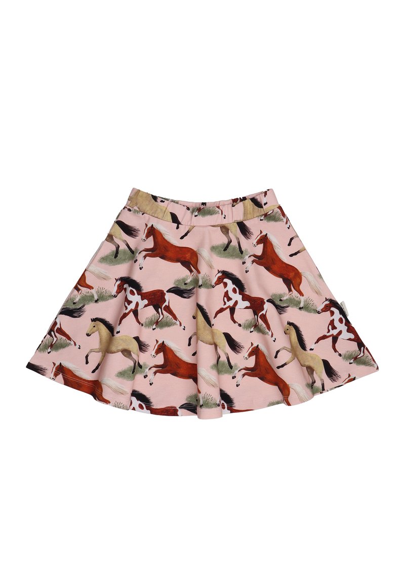 Rosa Rock mit einem ausgestellten Design, das bedruckte Pferde in verschiedenen Farben und Posen zeigt, aus weichem Material, mit einem elastischen Bund.