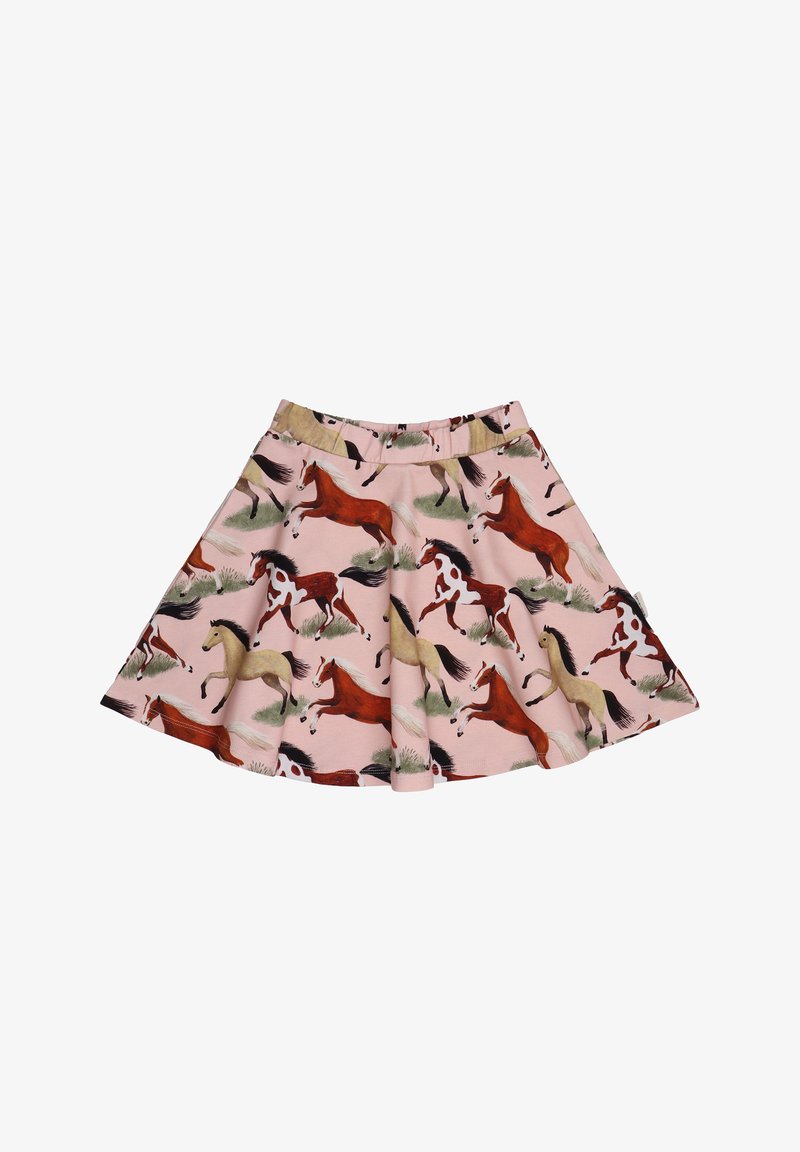 Rosa Rock mit einem ausgestellten Design, das bedruckte Pferde in verschiedenen Farben und Posen zeigt, aus weichem Material, mit einem elastischen Bund.