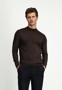 Brązowy sweter dzianinowy z wysokim kołnierzem, długimi rękawami i dopasowanym krojem. Gładka tekstura oraz prążkowane mankiety i dół, noszony z ciemnymi spodniami.