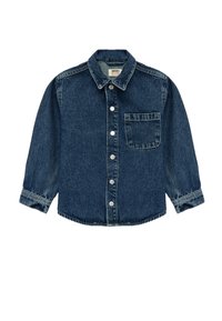 Denim skjorte med knapper i mørkeblå. Har en spidse krave, lange ærmer og en enkelt brystlomme. Sølvfarvede metalknapper.