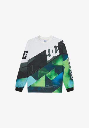 Langermet skjorte med hvit kropp og svarte, grønne og blå geometriske mønstre, samt logoer på forsiden og ermene. Mykt stoff.