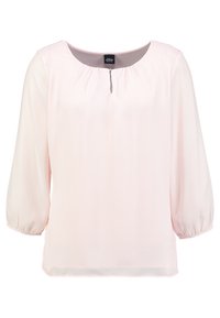 Ljusrosa blus med trekvartsärmar och gathered neckline-detalj. Tillverkad av ett smidigt tyg med lös passform och lätt genomskinlighet.