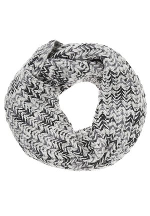 Écharpe infinity tricotée grise et blanche avec une texture épaisse et volumineuse et un motif en zigzag, disposée en boucle circulaire.
