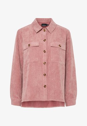 Roze corduroy overhemdjack met lange mouwen, twee borstzakken en bruin knopen. Heeft een klassieke kraag en een gestructureerde ribstof.