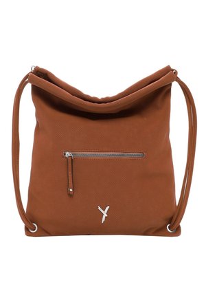 Brown shoulder bag with a front zip pocket, textured fabric, and dual thin straps threaded through metal eyelets.