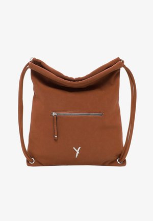 Brązowa torba na ramię z przednią kieszenią na zamek, z teksturowanej tkaniny, z podwójnymi cienkimi paskami przewleczonymi przez metalowe nity.