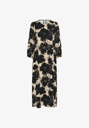 Kukallinen midi-mekko kermavärisestä kankaasta, jossa on suuri musta kukkakuosi. Ominaisuuksiin kuuluvat pitkät hihat, pyöreä pääntie ja takana oleva vetoketju.