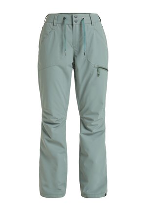 Light teal ski pants with elastic drawstring waist, two pockets, and zippered side pocket. Made from durable, water-resistant material.