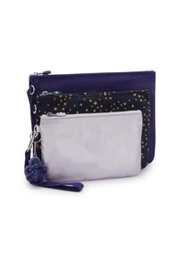 Tre lynlåspunge i lilla, sort med gyldne stjerner og lys lavendel, stablet med en lilla abe nøglering vedhæftet.