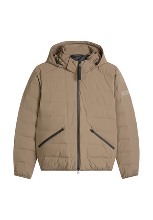 Gepolsterte beige Jacke mit Kapuze, die schwarze Reißverschlussdetails und Taschenakzente aufweist. Glatte Textur mit gestepptem Design zur Isolierung.