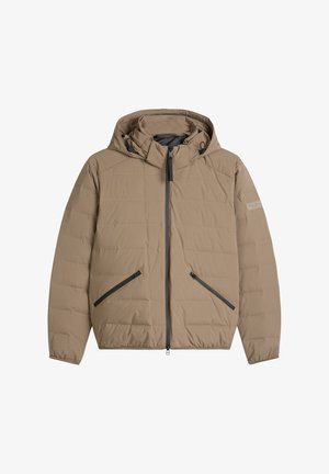 Gepolsterte beige Jacke mit Kapuze, die schwarze Reißverschlussdetails und Taschenakzente aufweist. Glatte Textur mit gestepptem Design zur Isolierung.