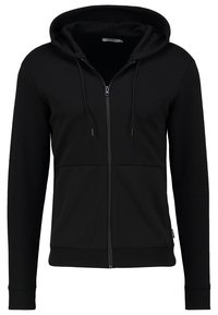 Felpa nera con zip, cappuccio con coulisse, tasche a marsupio, tessuto morbido e polsini a costine sulle maniche e sull'orlo.