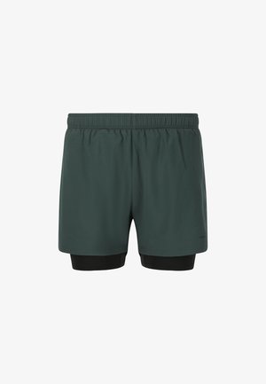 Donkergroene sportshorts met een elastische tailleband, voorzien van een aansluitende zwarte voering en een gladde, lichte stof.