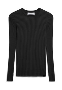 Žebrovaný černý top s dlouhým rukávem a kulatým výstřihem. Obsahuje malou boční štítek s logem a strukturovanou látku pro větší rozměr.