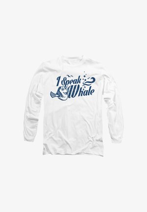 White long-sleeve t-shirt featuring blue text "I Speak Whale" and a graphic of a smiling fish, with small accent bubbles and birds.