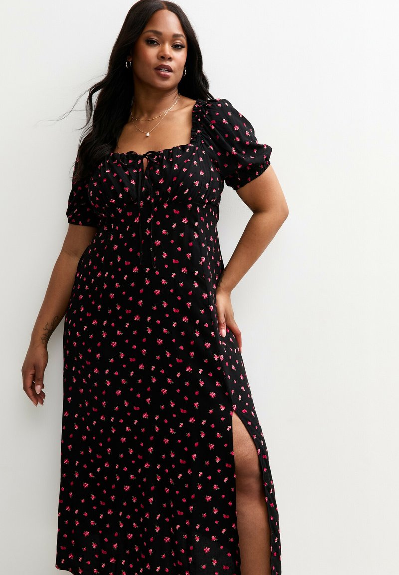 New Look Curves CURVES BERRY PRINT MILKMAID MIDI - Day dress - black  pattern/black - Zalando
