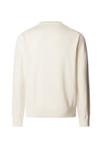 Suéter de manga larga color crema con cuello, puños y borde acanalados, visto desde atrás sobre un fondo blanco liso.