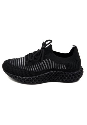 Black athletic shoe with breathable mesh upper featuring horizontal stripes, rounded toe, lace-up design, and textured rubber sole.