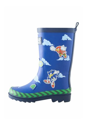 Blaue Kinderregenschuhe verziert mit Sonic the Hedgehog und Knuckles Charakteren, weißen Wolken, einem grünen Edelstein und grün gestreiftem Rand.