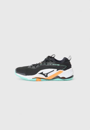 Black athletic shoe with textured upper, white and orange accents, flexible sole, pale blue outsole, and lace-up closure.