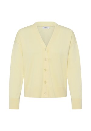 Miękki żółty kardigan na guziki z dekoltem w serek i długimi rękawami, z prążkowymi mankietami i dołem.