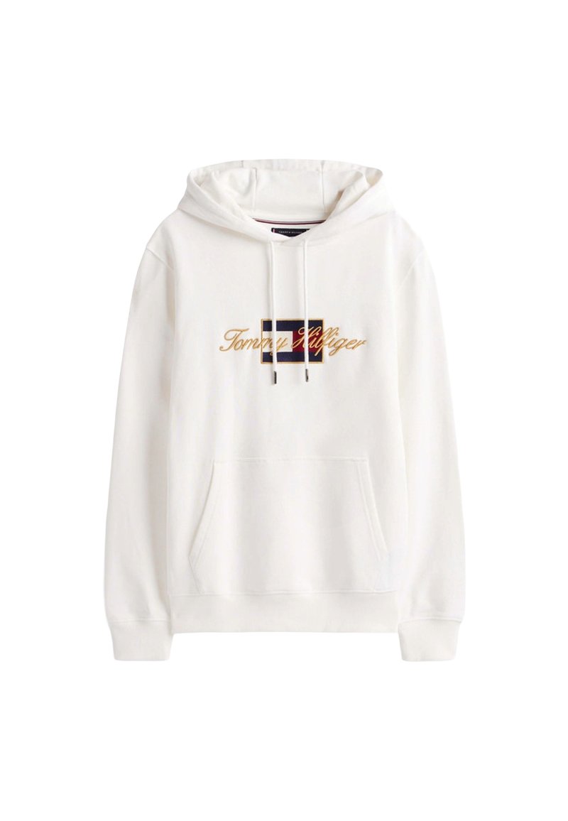 Witte hoodie van zachte stof, met een voorzak, een trekkoordkap en een geborduurd 'Tommy Hilfiger' logo in goud, blauw en rood.