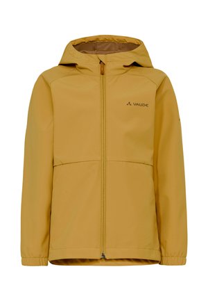 Geel kindervest met capuchon, ritssluiting aan de voorkant en elastische manchetten, met Vaude-logo op de borst en mouw.