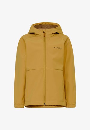 Veste jaune à capuche pour enfants avec fermeture éclair sur le devant et poignets élastiques, arborant le logo Vaude sur la poitrine et la manche.