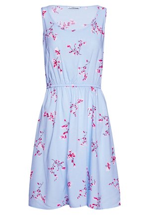 Ärmelloses hellblaues Kleid mit pink-weißem Blumenmuster, elastischer Taille und rundem Ausschnitt.