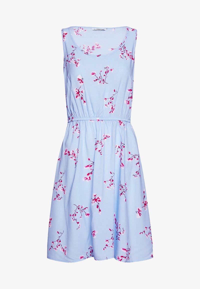 Robe sans manches bleu clair avec motif floral rose et blanc, taille élastique et encolure ronde.