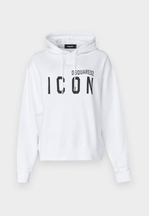 Felpa corta bianca in misto cotone, con una grande stampa nera "ICON" e il logo "DSQUARED2". Include un cappuccio regolabile con cordino.