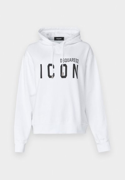 White cropped hoodie made of cotton blend, featuring a large black "ICON" print and "DSQUARED2" logo. Includes drawstring adjustable hood.