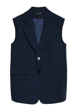 Blazer bleu marine sans manches avec revers crantés, deux poches avant à rabat et deux boutons sur le devant, taille petite.