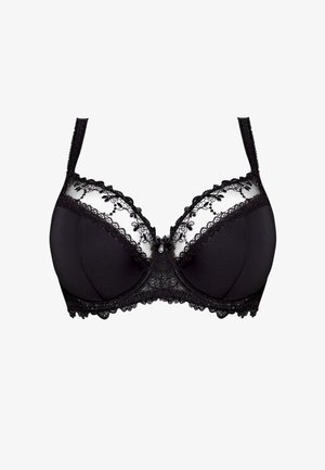 Sutien negru cu dantelă la margine, panouri transparente și cupe modelate. Dispune de bretele ajustabile și o fundiță decorativă la centru. Textură netedă în general.