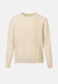 Pull en tricot torsadé crème avec un col rond, motifs texturés incluant des diamants et des poignets côtelés, fabriqué en épais fil chaud.