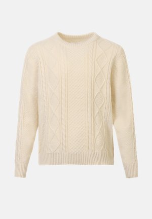 Suéter de punto trenzado color crema con cuello redondo, patrones texturados que incluyen diamantes y puños acanalados, fabricado con hilo grueso y cálido.