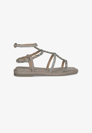 Sandal flat in suede grigio chiaro con cinturini decorativi in strass argentati, dotata di chiusura alla caviglia e di una soletta liscia e imbottita.