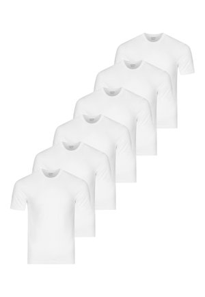 Six plain white short-sleeve crew neck T-shirts arranged overlapping on a white background.