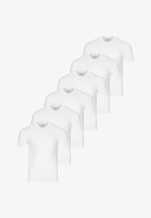 Six plain white short-sleeve crew neck T-shirts arranged overlapping on a white background.