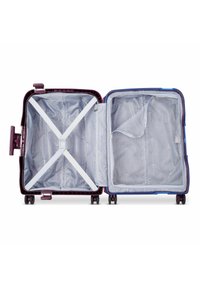 Hard-shell suitcase with a purple exterior, divided interior featuring a striped lining, compression straps, and a mesh zip pocket.