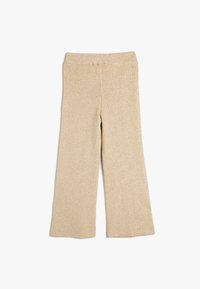 Pantalones de punto acanalado beige de pierna ancha con cinturilla elástica, que cuentan con una textura suave y una silueta recta, adecuados para un uso casual.