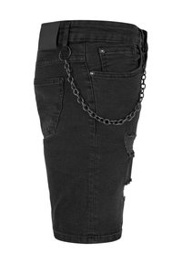 Shorts in denim nero con un design strappato, caratterizzati da un accento in catena e una vita alta. Comprendono tasche frontali e posteriori.