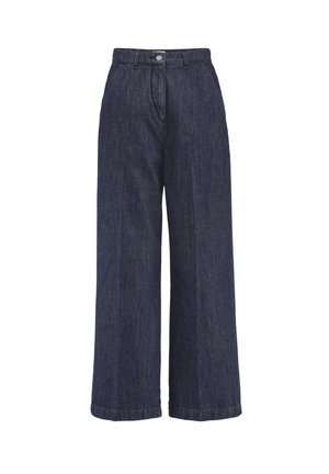 Dunkelblaue Denim-Hose mit weitem Bein, Gürtelschlaufen, Knopfverschluss und sichtbaren vorderen Nahtverarbeitungen.
