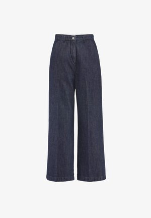 Dunkelblaue Denim-Hose mit weitem Bein, Gürtelschlaufen, Knopfverschluss und sichtbaren vorderen Nahtverarbeitungen.